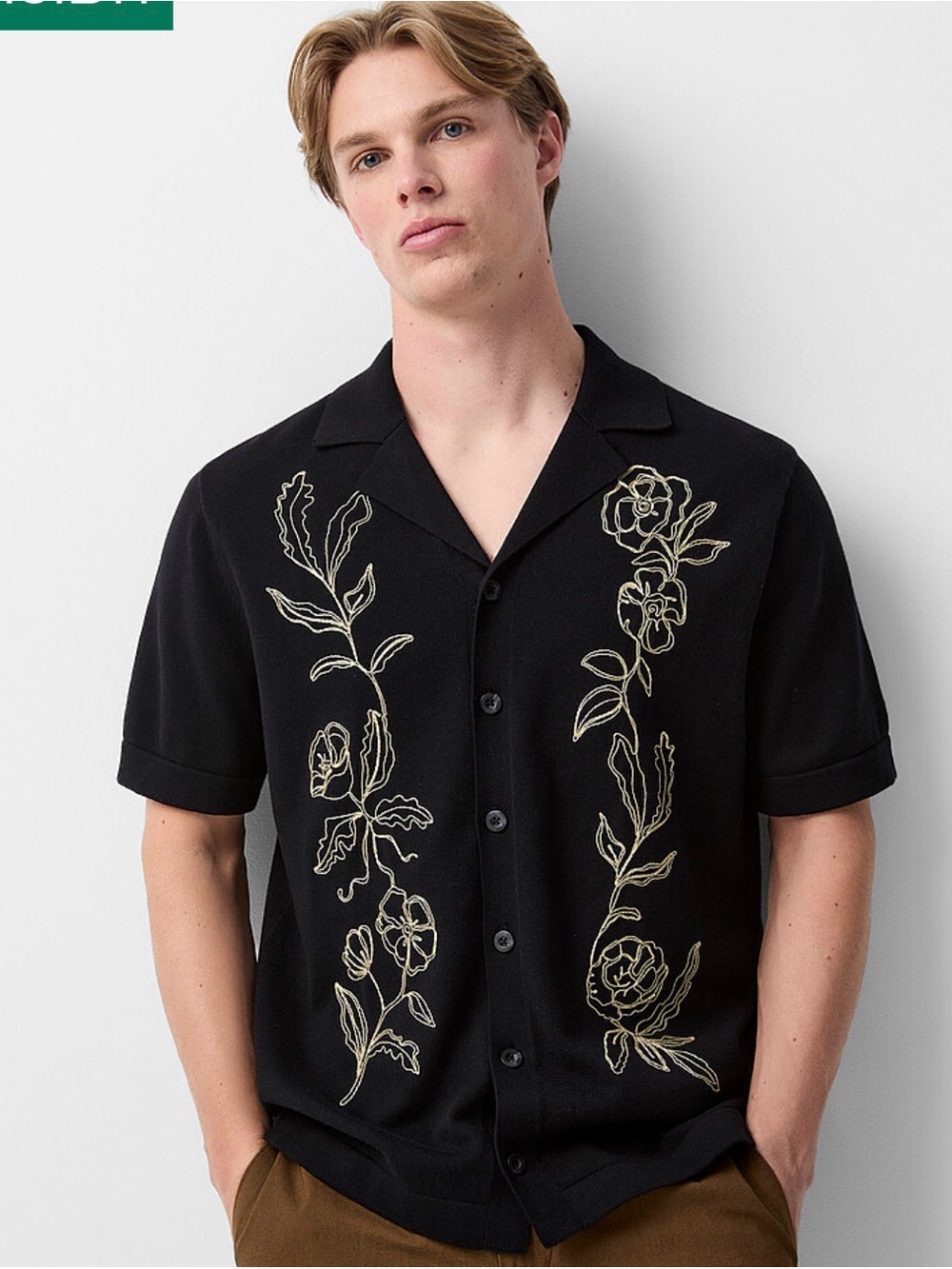 NWT Simons le 31 Black Short-Sleeve Embroidered Camp Shirt sz large
